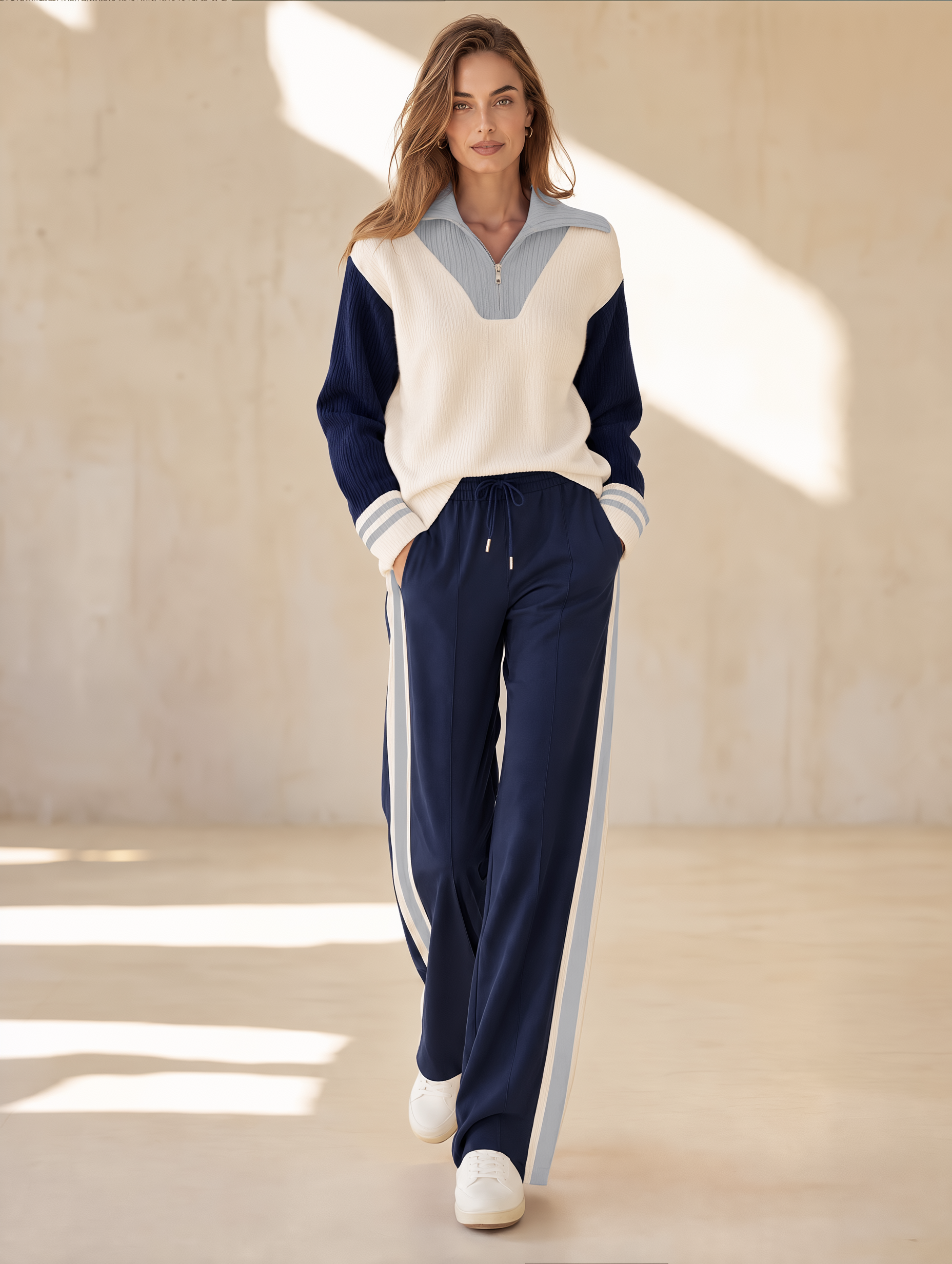 Beige Color-block Long-sleeve Half-zip Sweater And Khaki Trousers Set
