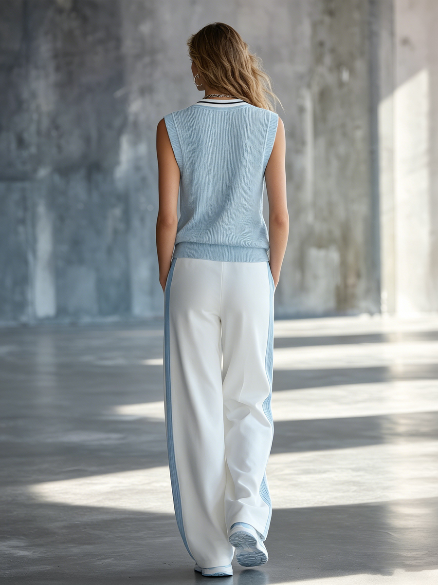 Fresh & Light Blue Color-Block V-Neck Knit Vest And Side-Stripe Wide-Leg Pants Set