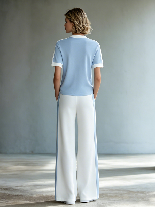 Commuter-Style Light Blue Crew Neck Top With Contrast Trim & White Wide-Leg Pants Set