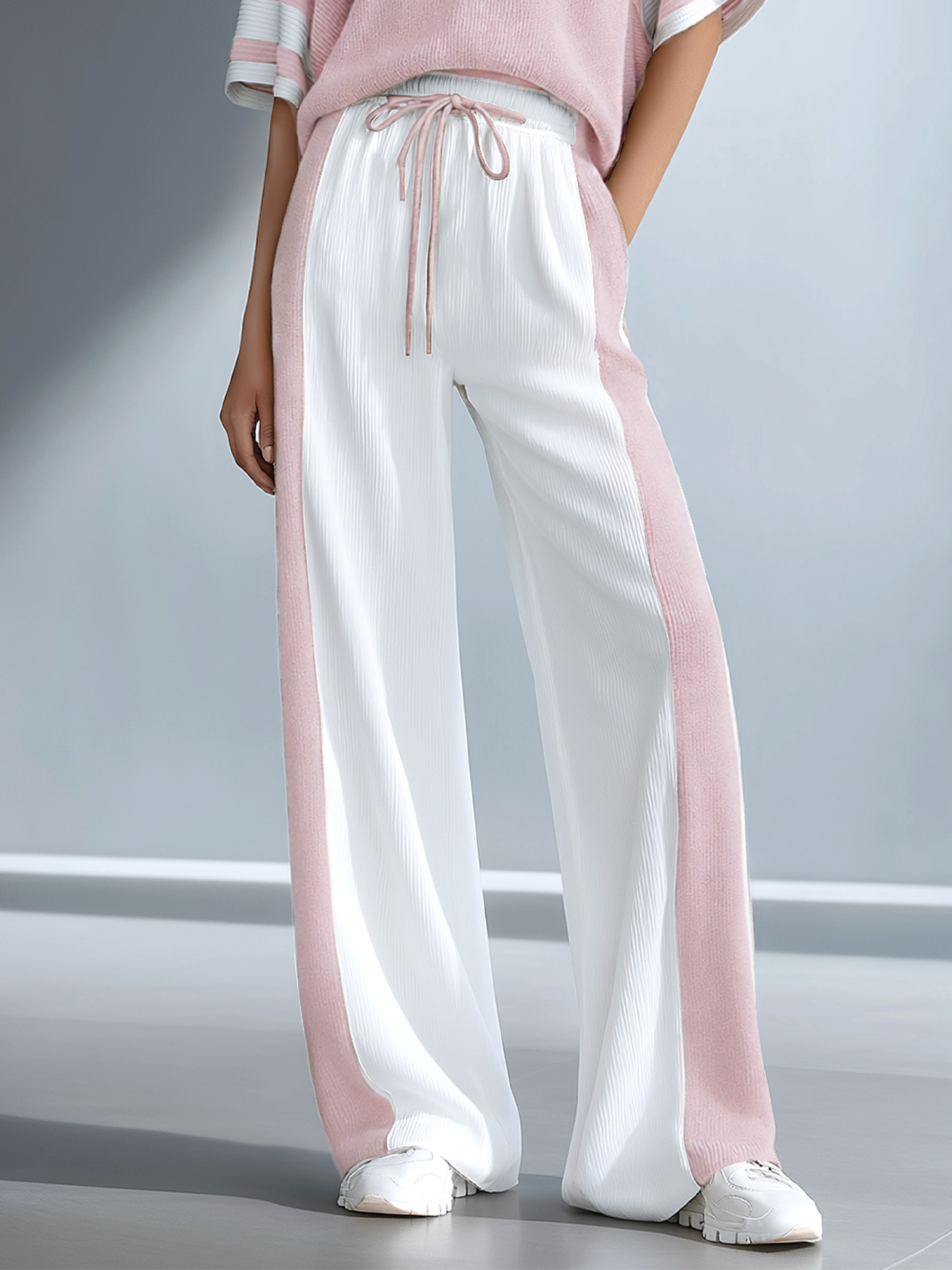 Women's Fashionable Casual Brown Color-blocked Ribbed Knit Wide-leg Pants