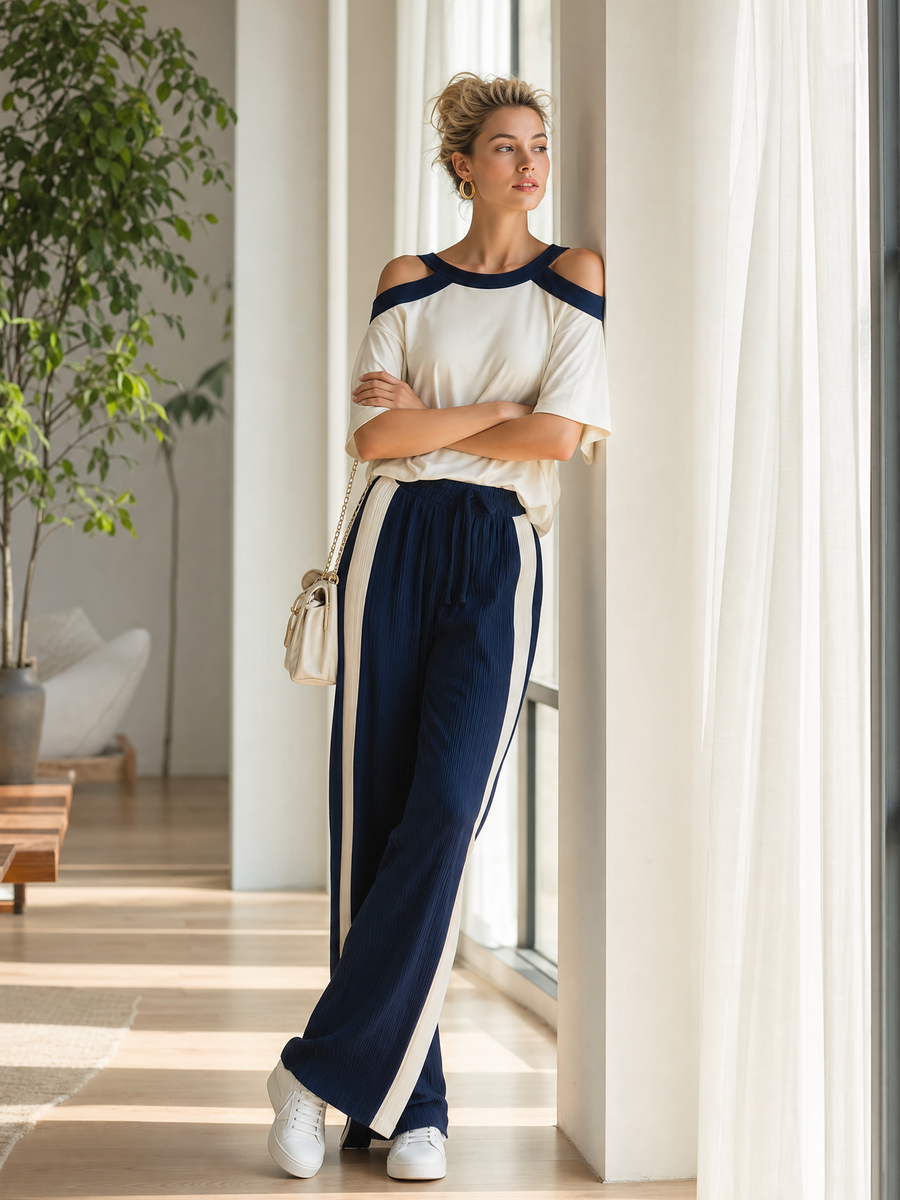 Women's Retro Relaxed-fit Color-block Off-the-shoulder Top And Ribbed Wide-leg Pants Set