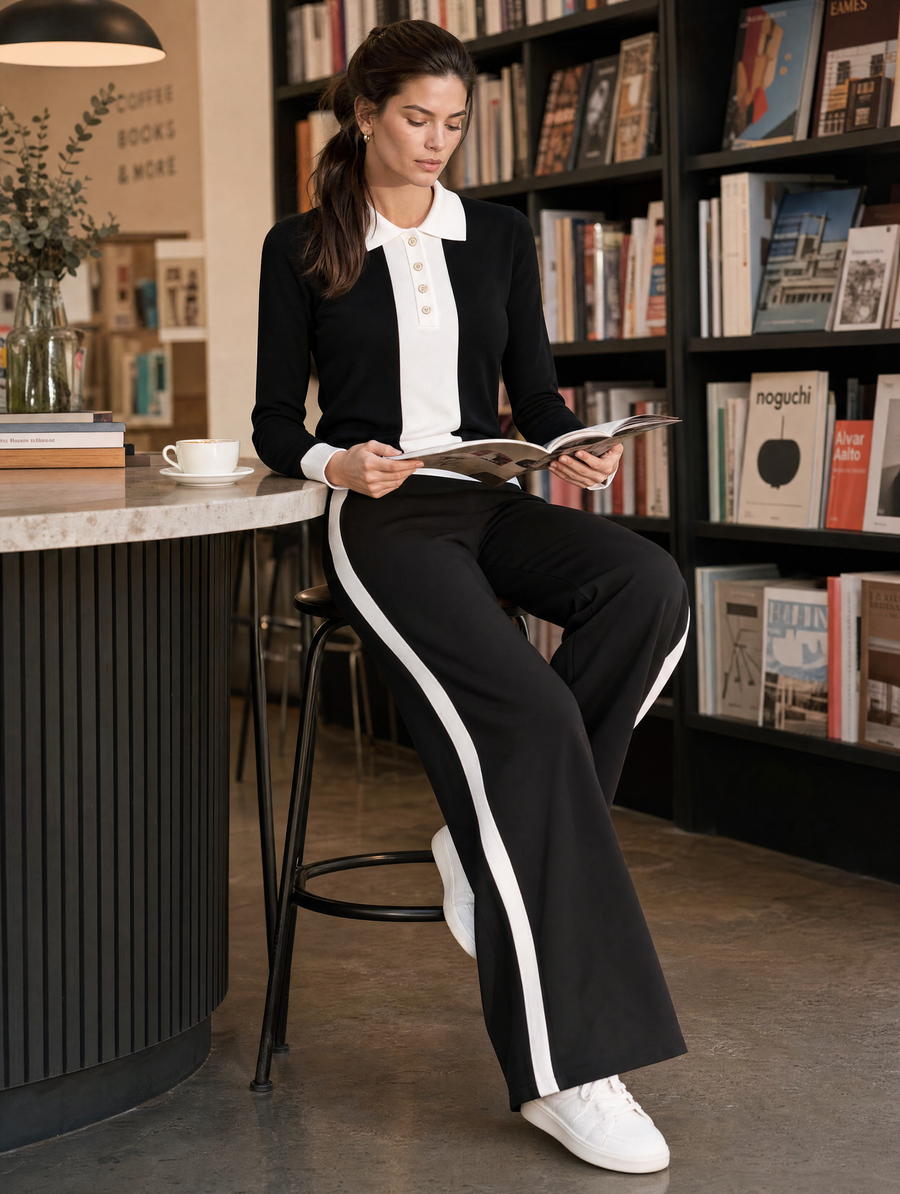 Classic Black-and-white Color-block Long-sleeve Polo-collar Top And Wide-leg Trousers Set