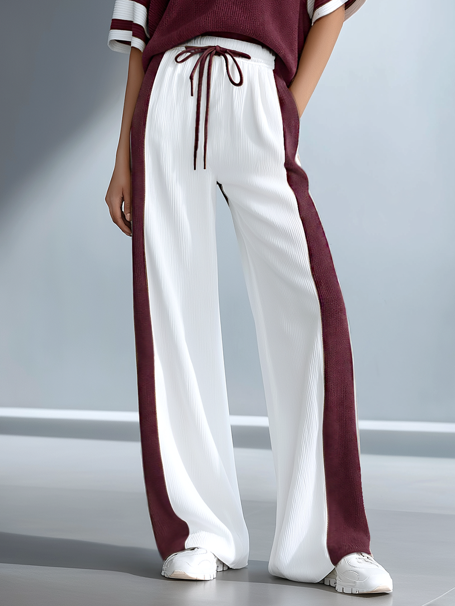 Women's Fashionable Casual Brown Color-blocked Ribbed Knit Wide-leg Pants