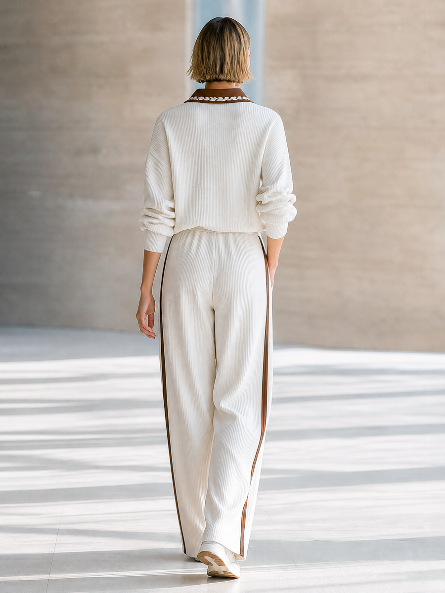 Off-white Ribbed Polo Top With Contrasting Collar And Side-stripe Wide-leg Trousers Set