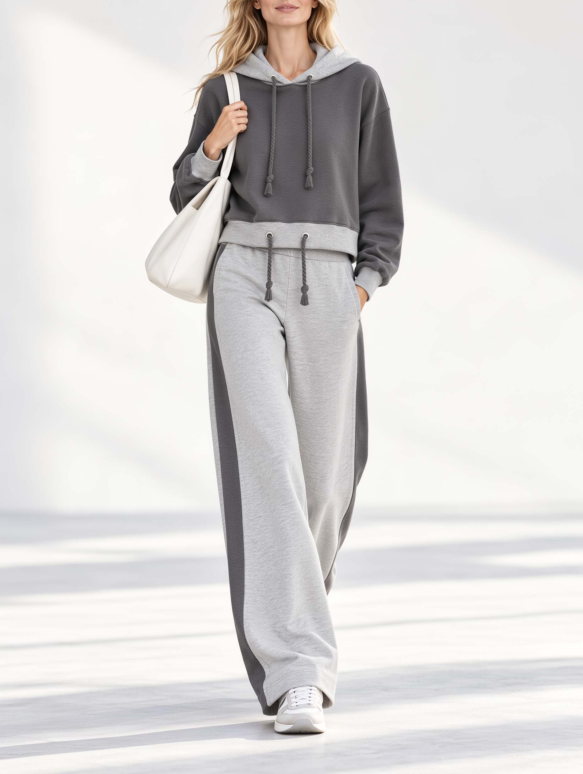 Stylish And Casual Charcoal Grey Color-block Long-sleeve Hoodie And Sweatpants Set