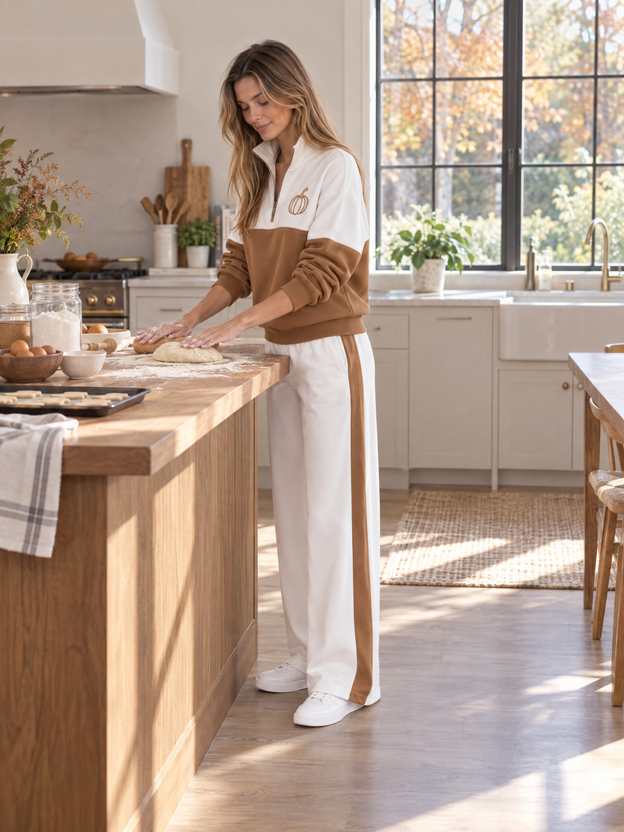 Brown And White Color-block Long-sleeve Half-zip Top And Pants Set With Pumpkin Embroidery