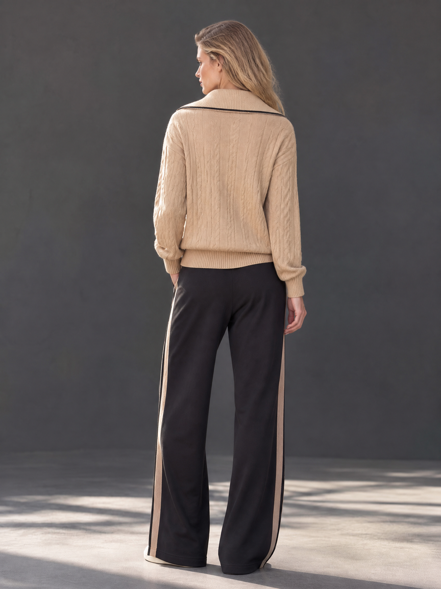 Stylish Set Featuring A Khaki Long-sleeve Half-zip Sweater And Black Wide-leg Trousers
