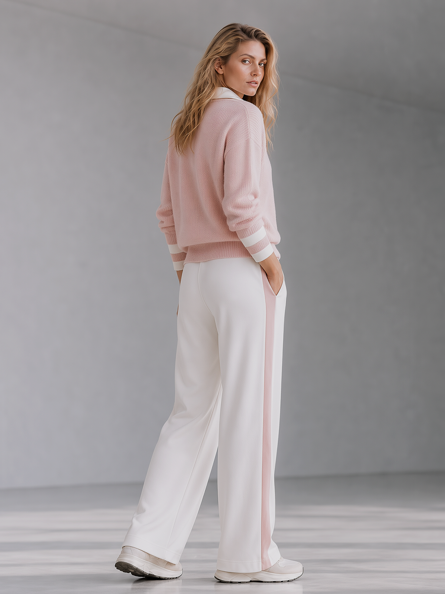 Stylish and versatile pink color-block half-zip collared sweater