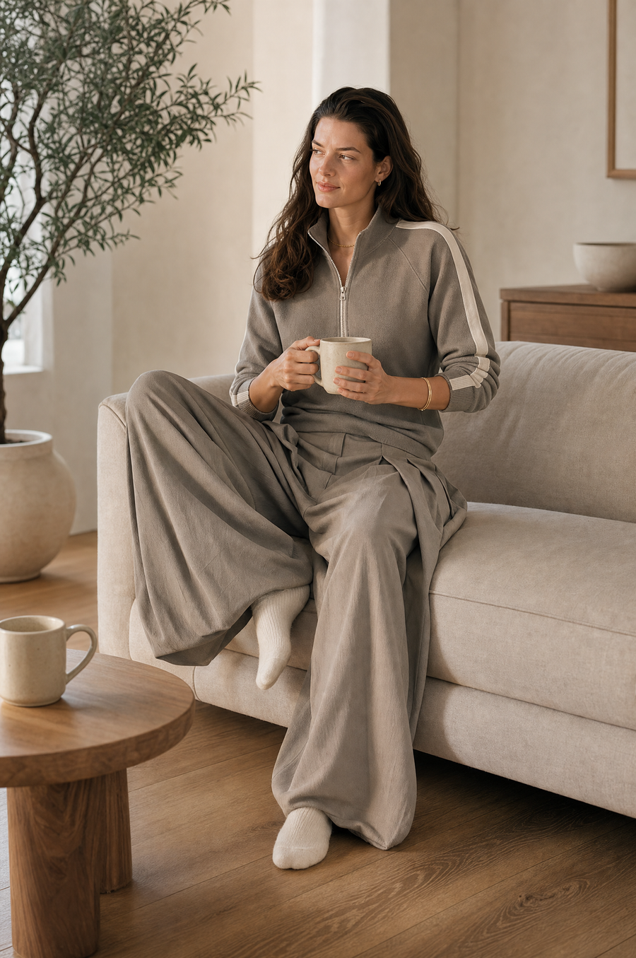 Khaki Color-block Half-zip Top And Wide-leg Casual Trousers Set