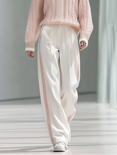 Stylish And Versatile White Wide-leg Trousers With Contrasting Side Stripes