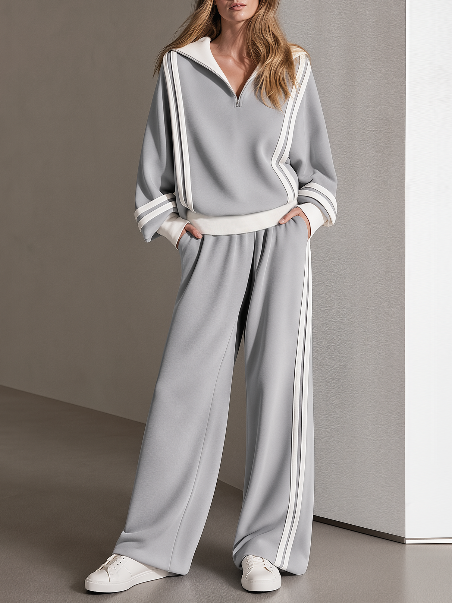 Light Grey-white High-stretch Color-block Striped Half-zip Top And Wide-leg Pants Set