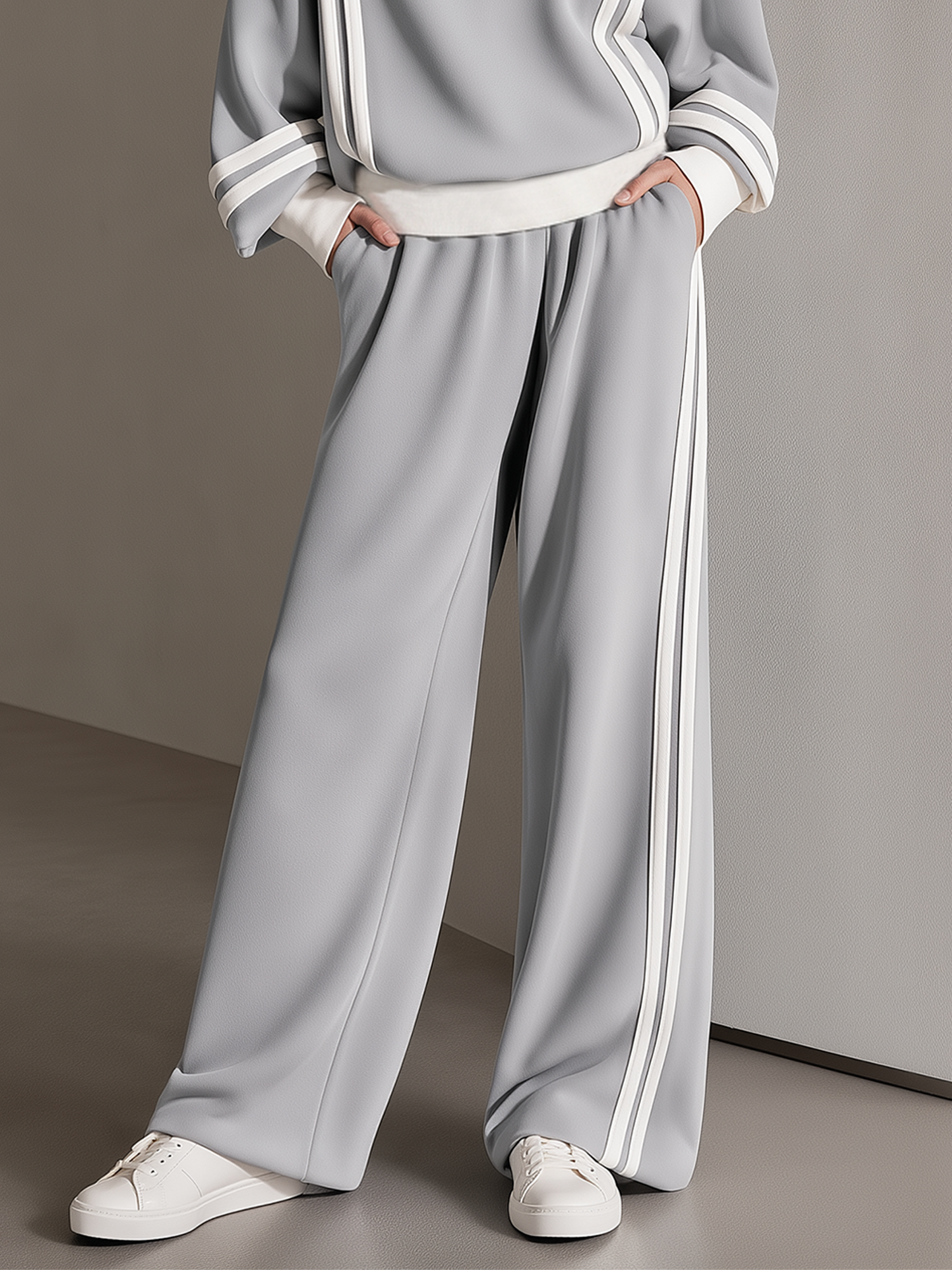 Light Grey-White High-Stretch Wide-Leg Pants With Contrast Stripes
