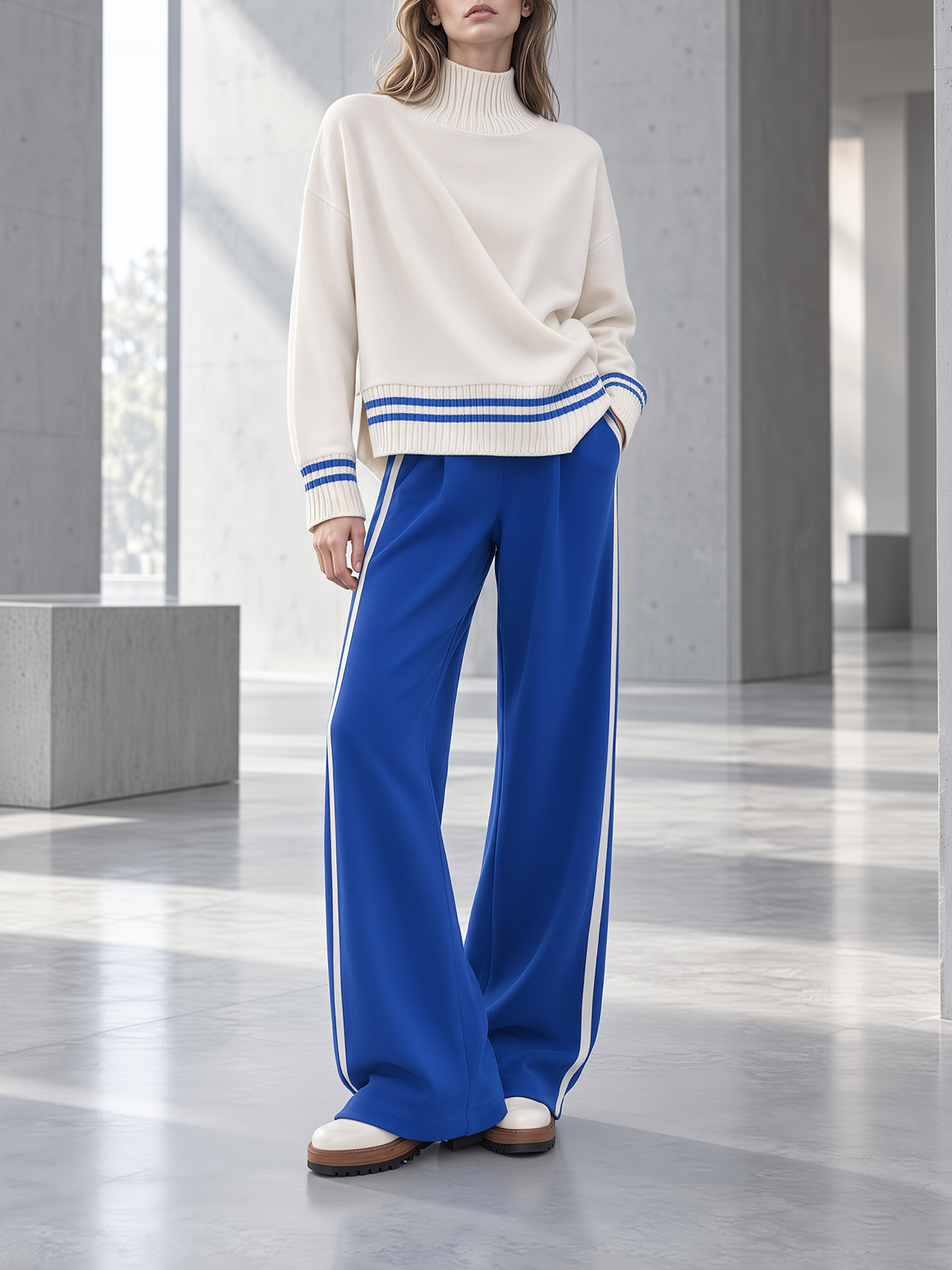 Cream Mock-Neck Knit Sweater & Cobalt Wide-Leg Pants Set