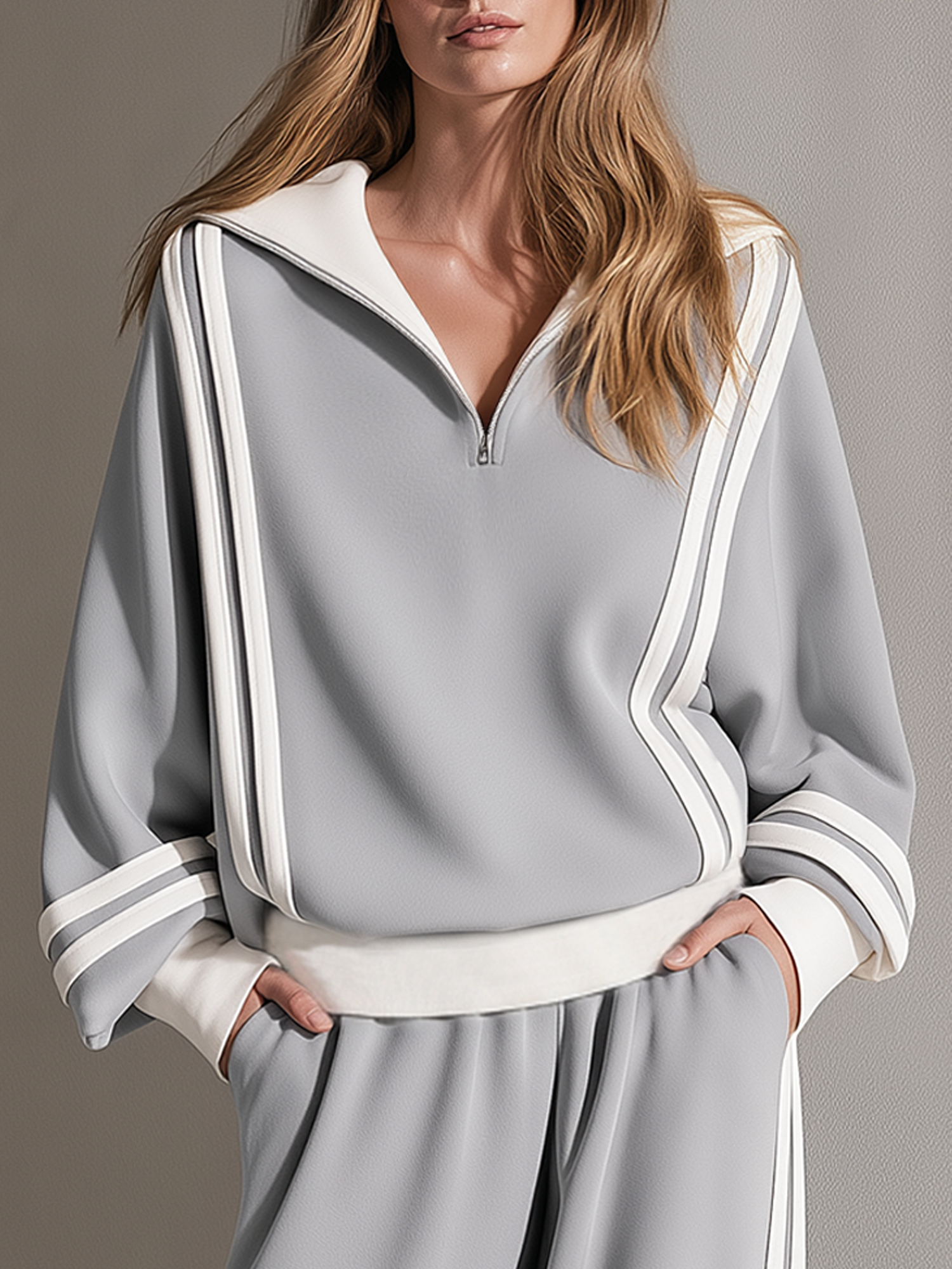 Light Grey-White High-Stretch Color-Block Striped Half-Zip Top