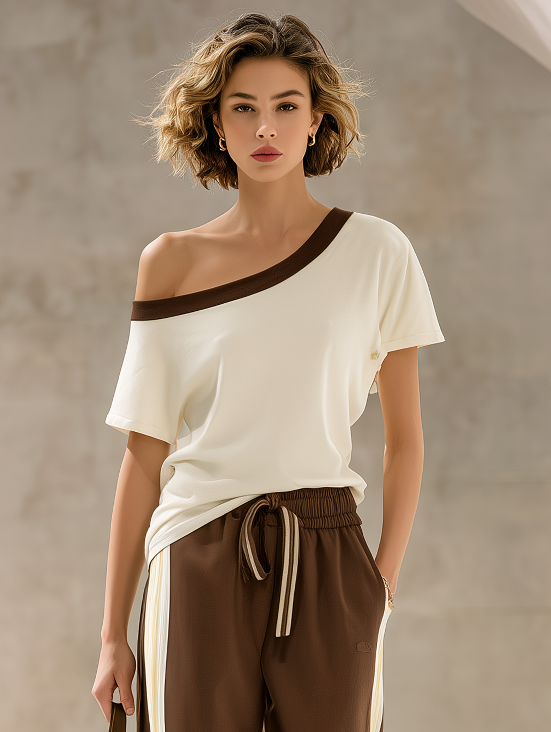 Women's Off-white And Brown Color-blocked Off-the-shoulder Short-sleeved Casual Top