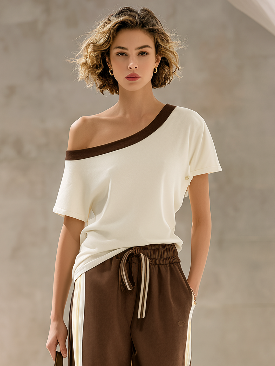 Women's Off-white And Brown Color-blocked Off-the-shoulder Short-sleeved Casual Top