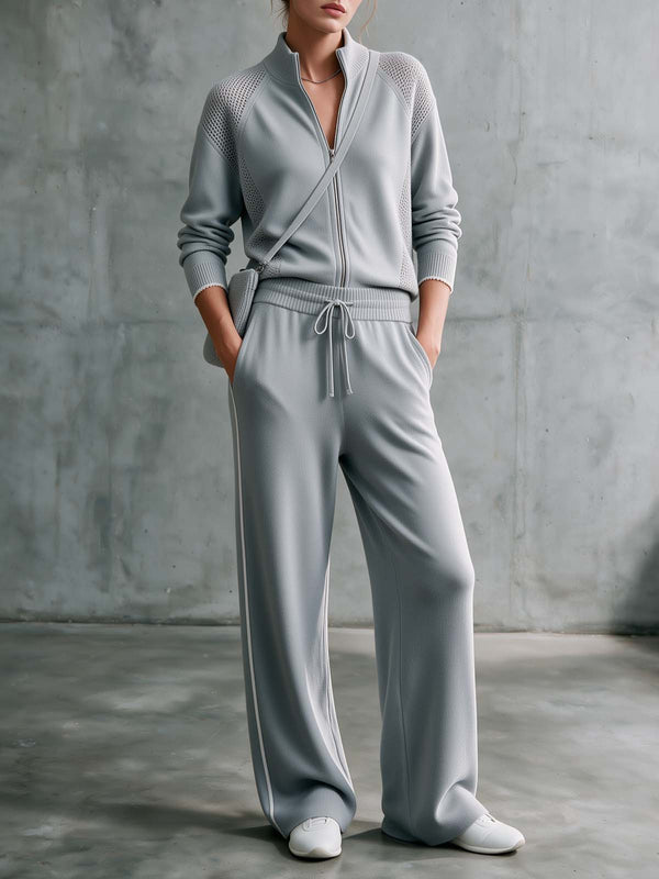 Dove Grey Zip-Up Knit Jacket & Wide-Leg Pants Set