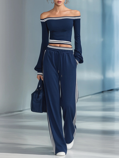 Women's Navy Blue Off-the-shoulder Fitted Top And Wide-leg Pants Casual Set