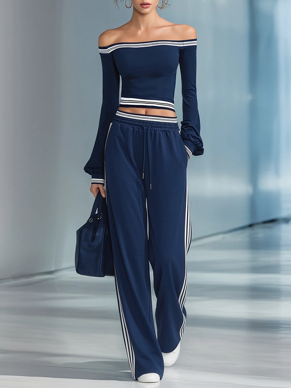 Women's Navy Blue Off-the-shoulder Fitted Top And Wide-leg Pants Casual Set