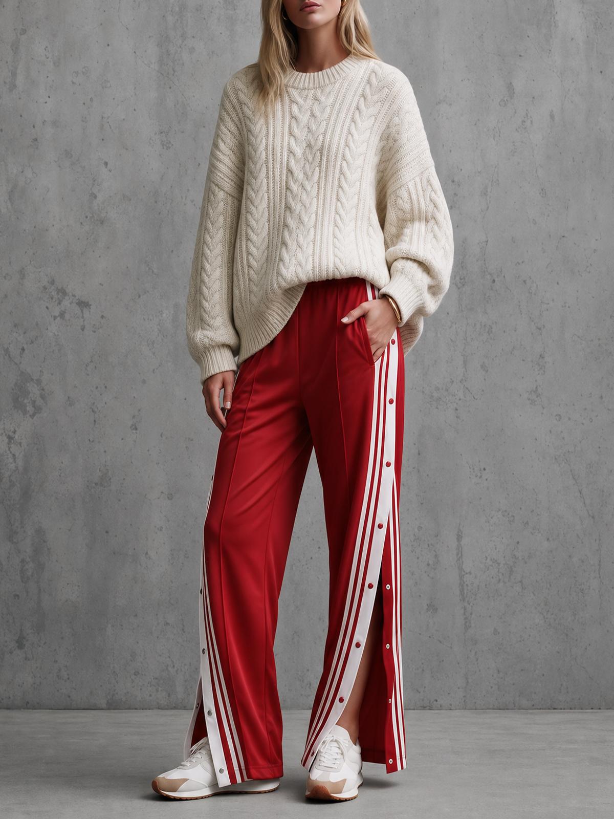 Cream Cable Knit Sweater & Red Side-Stripe Track Pants Set