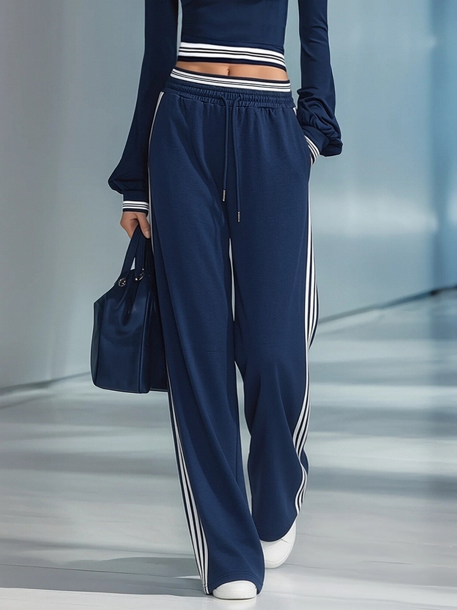 Women's Navy Blue Off-the-shoulder Fitted Top And Wide-leg Pants Casual Set