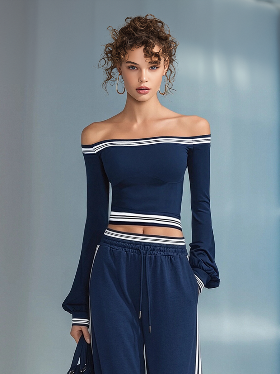 Women's Navy Blue Off-the-shoulder Fitted Top And Wide-leg Pants Casual Set