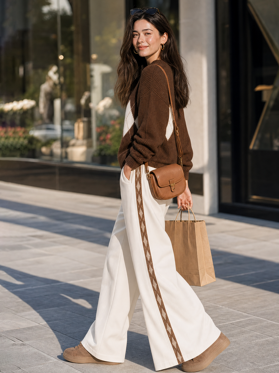 Brown‑White Argyle Henley Knit Top Side‑Tape Off‑White Wide Leg Pants Set