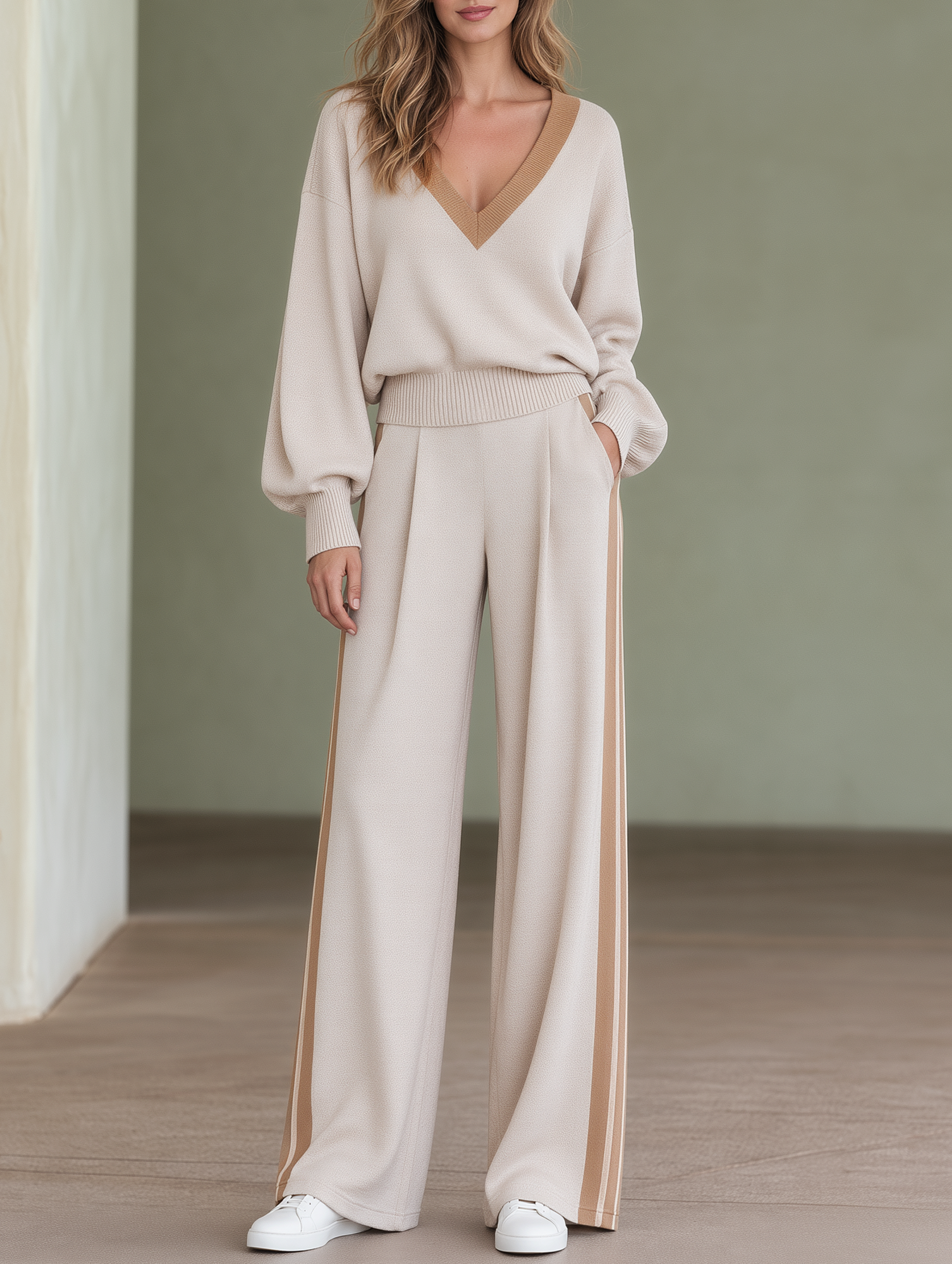 Beige Lantern-sleeve Sweater And High-waisted Wide-leg Pants Set