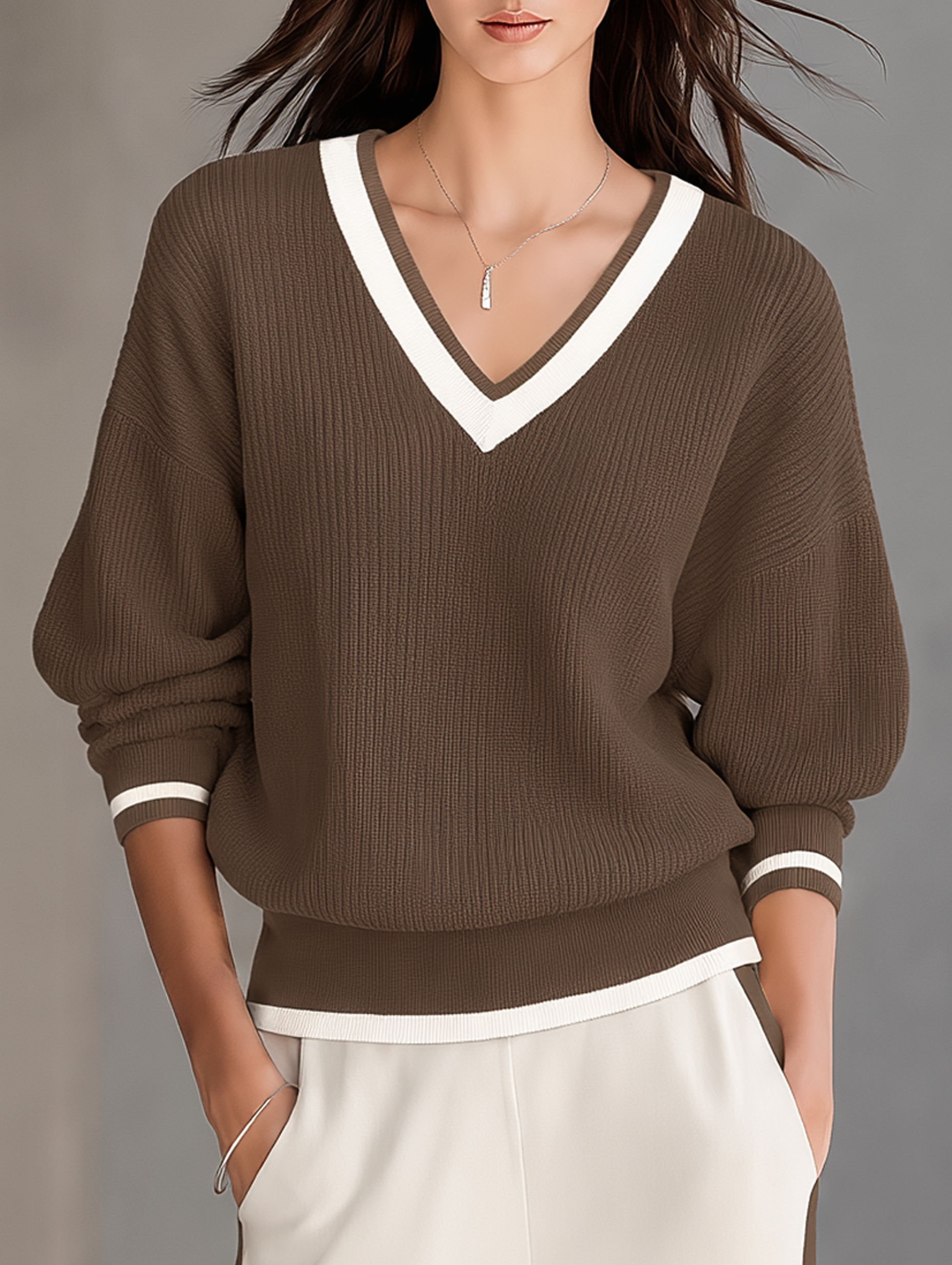 Minimalist V-neck Knit Top With Grey Paneling