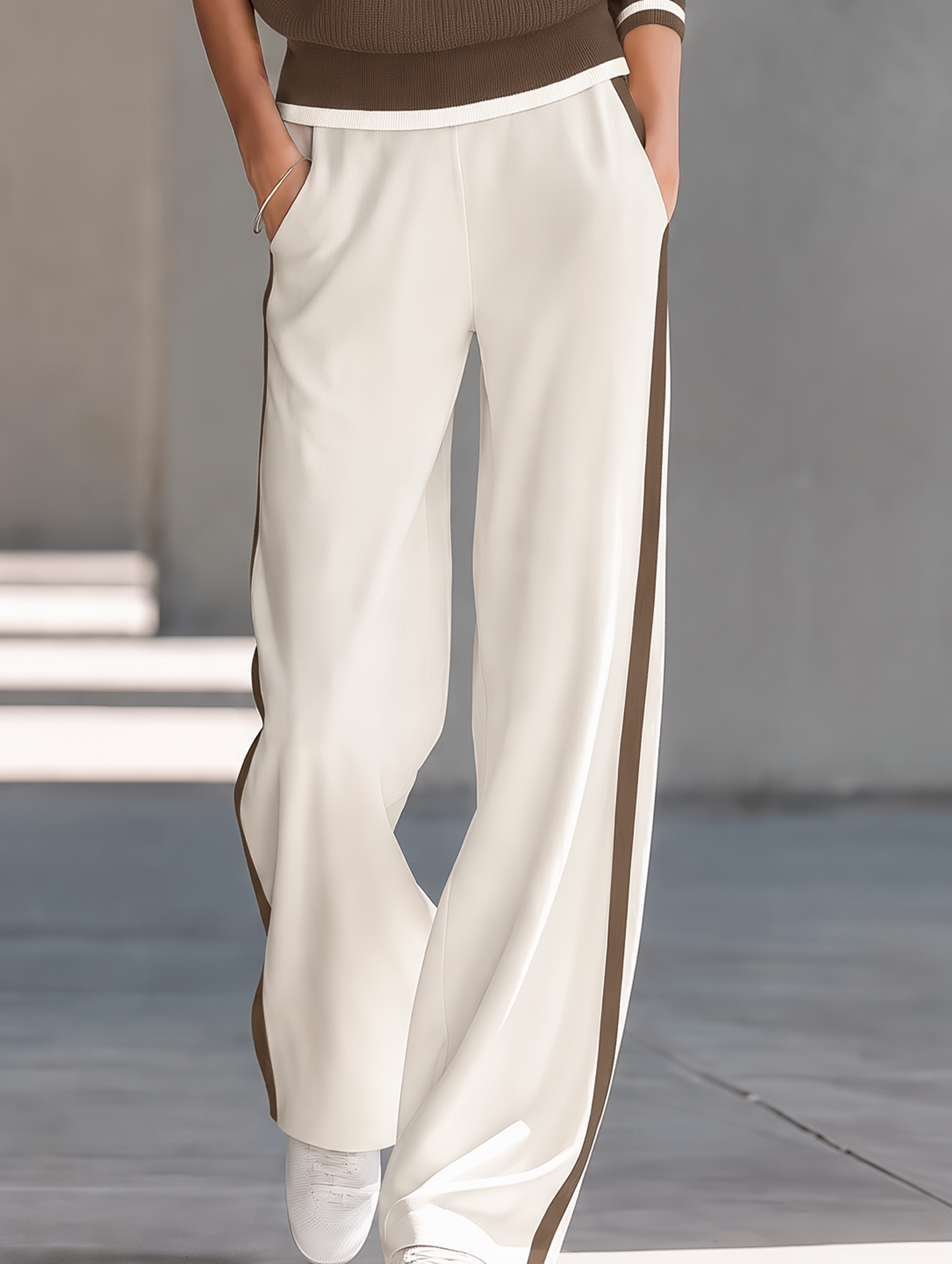 Minimalist Off-White And Grey Color-Block Straight-Leg Trousers