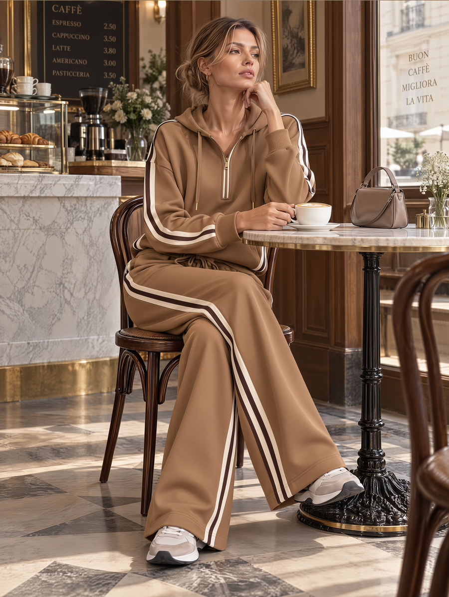 Camel Side-Stripe Quarter-Zip Hoodie And Wide-Leg Joggers Set