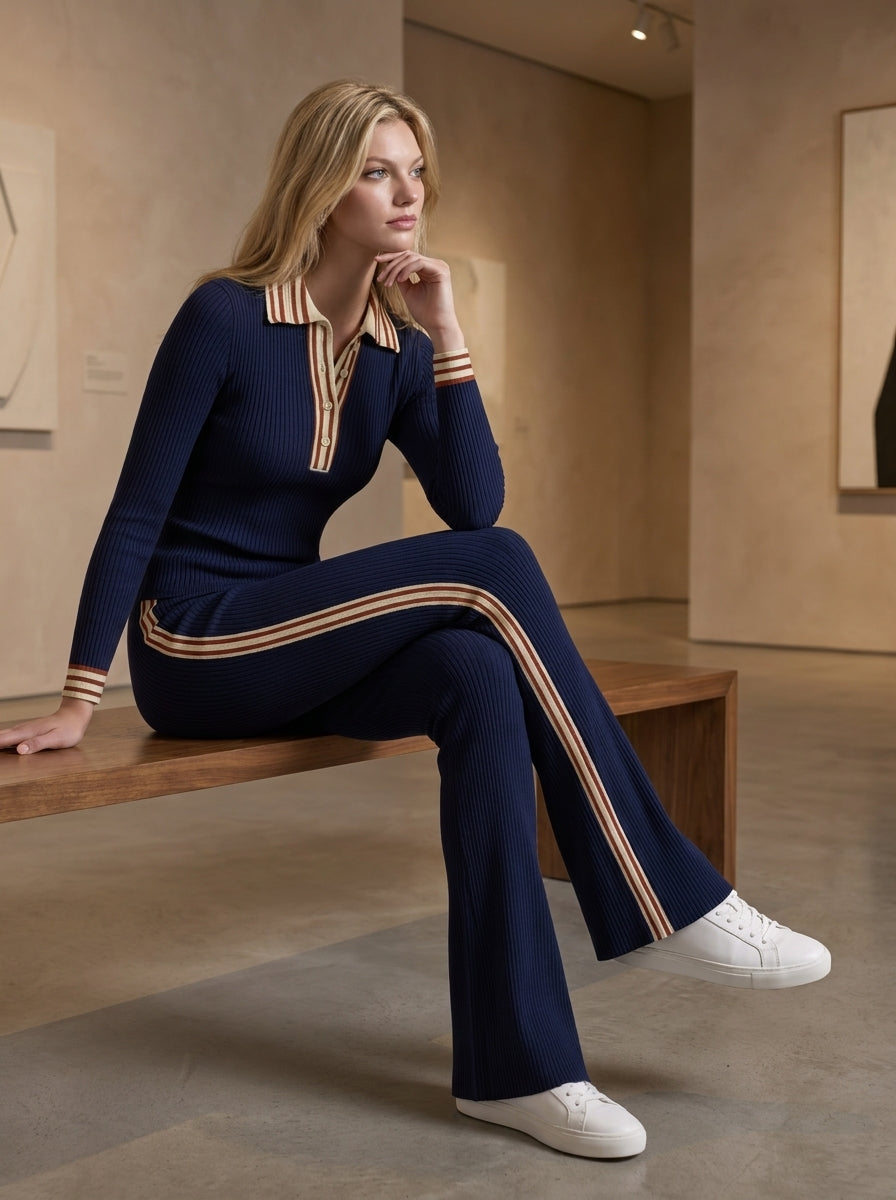 Navy Ribbed Polo Knit Top & Side-Stripe Flared Pants Set
