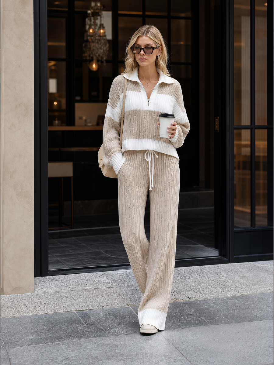 Women's Beige And White Striped Knitted Collared Half-zip Casual Set
