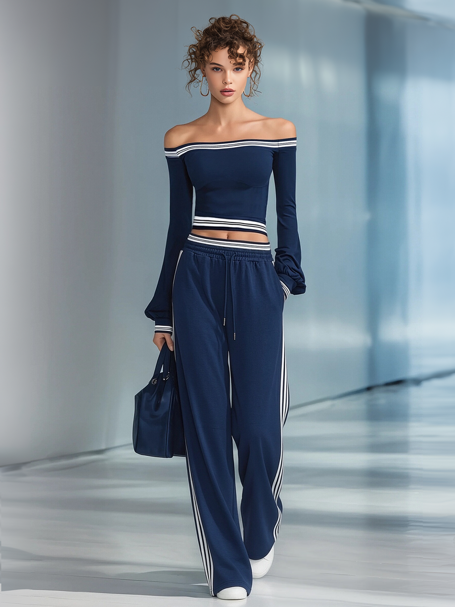 Women's Navy Blue Off-the-shoulder Fitted Top And Wide-leg Pants Casual Set