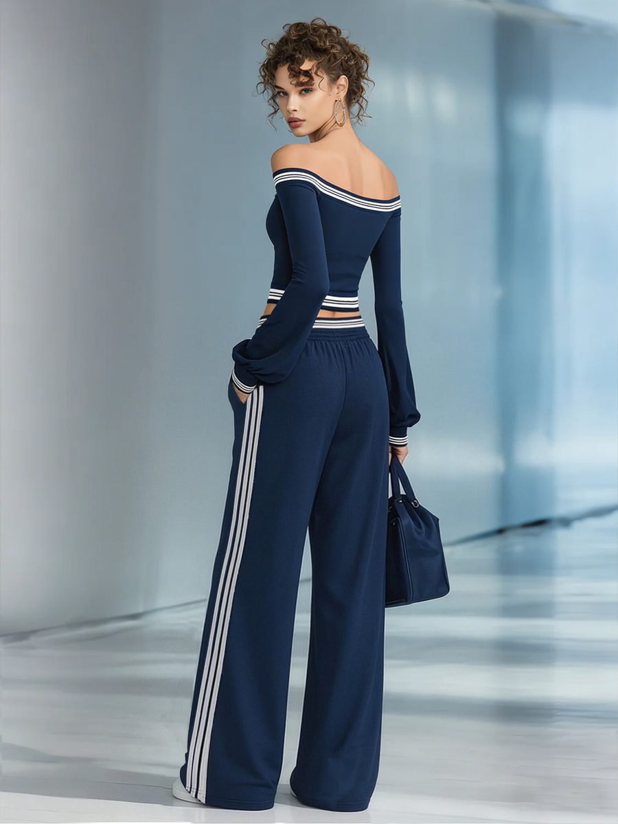 Women's Navy Blue Off-the-shoulder Fitted Top And Wide-leg Pants Casual Set
