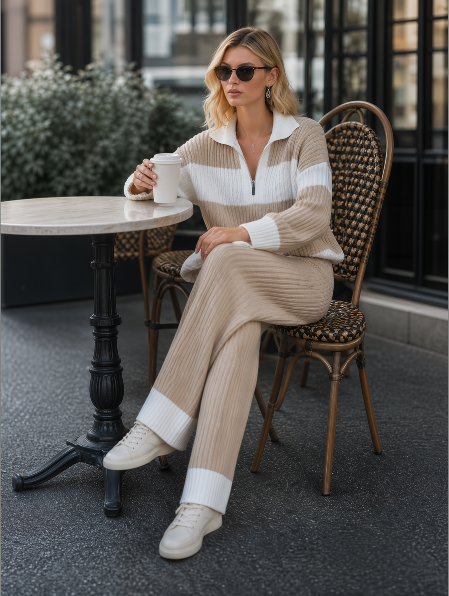 Women's Beige And White Striped Knitted Collared Half-zip Casual Set