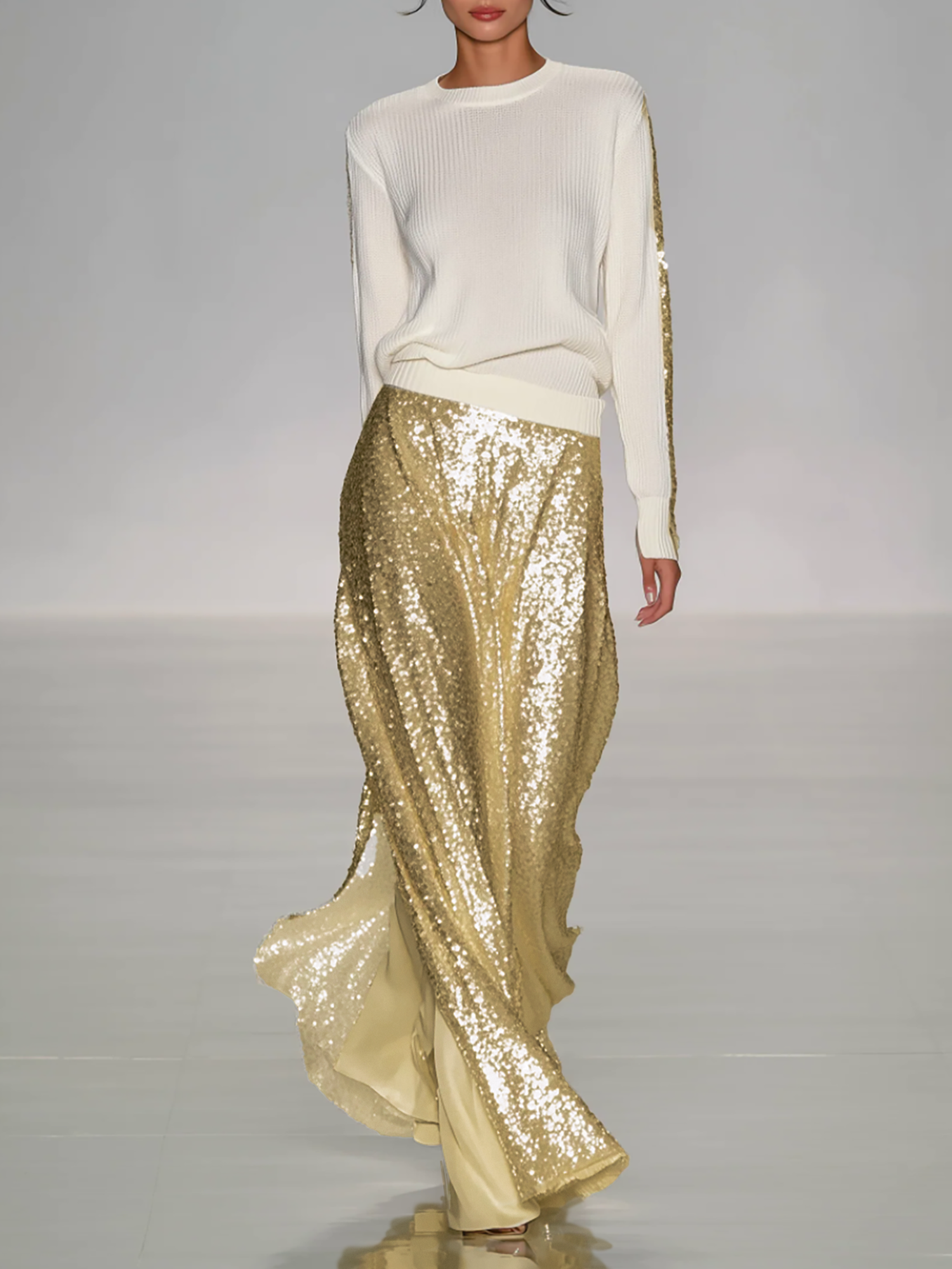 Women's Fashionable Casual Round Neck Knitted Top With Sequined Long Skirt Suit