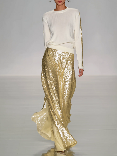 Women's Fashionable Casual Round Neck Knitted Top With Sequined Long Skirt Suit