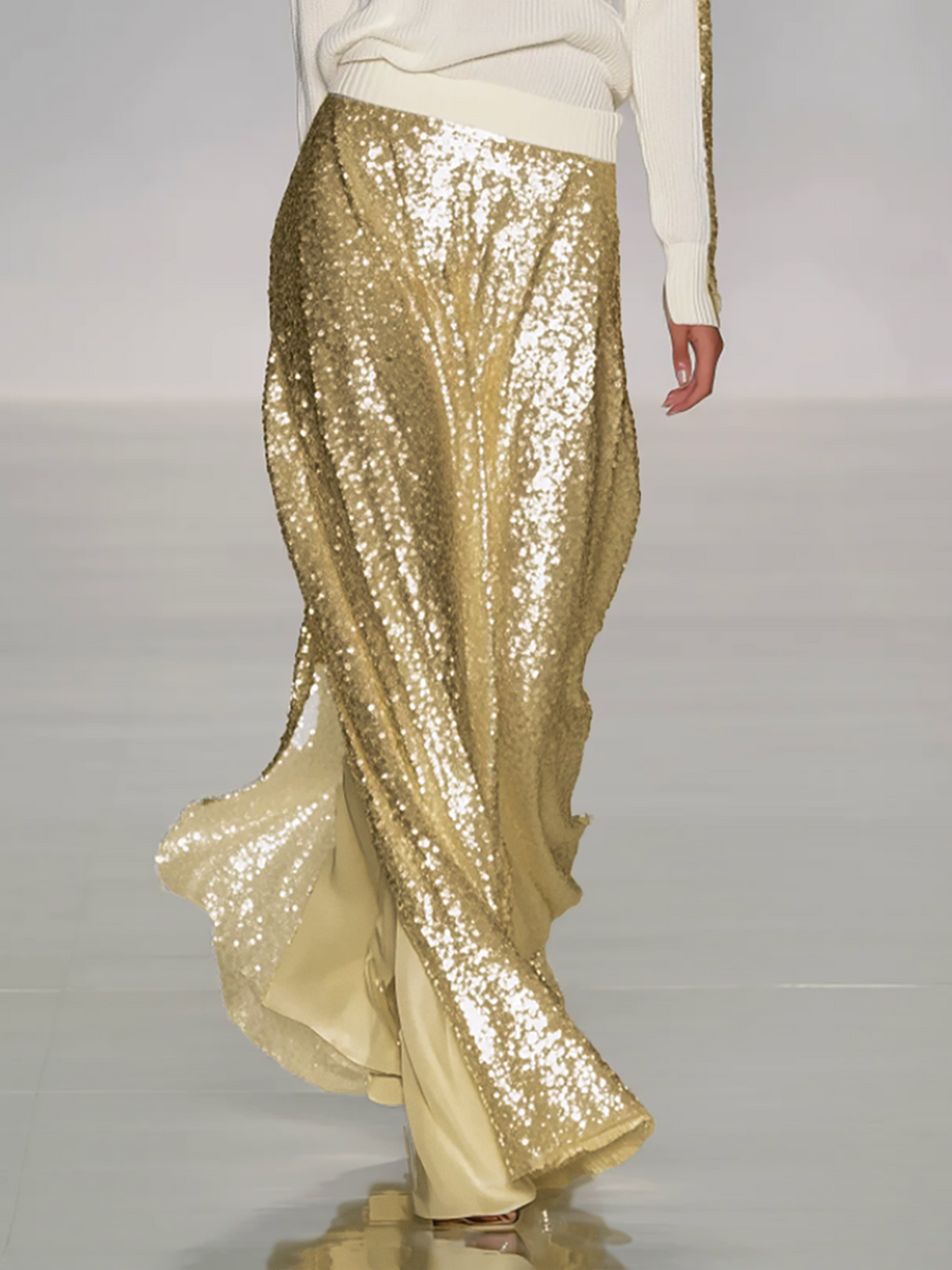 Women's Fashionable Casual Round Neck Knitted Top With Sequined Long Skirt Suit