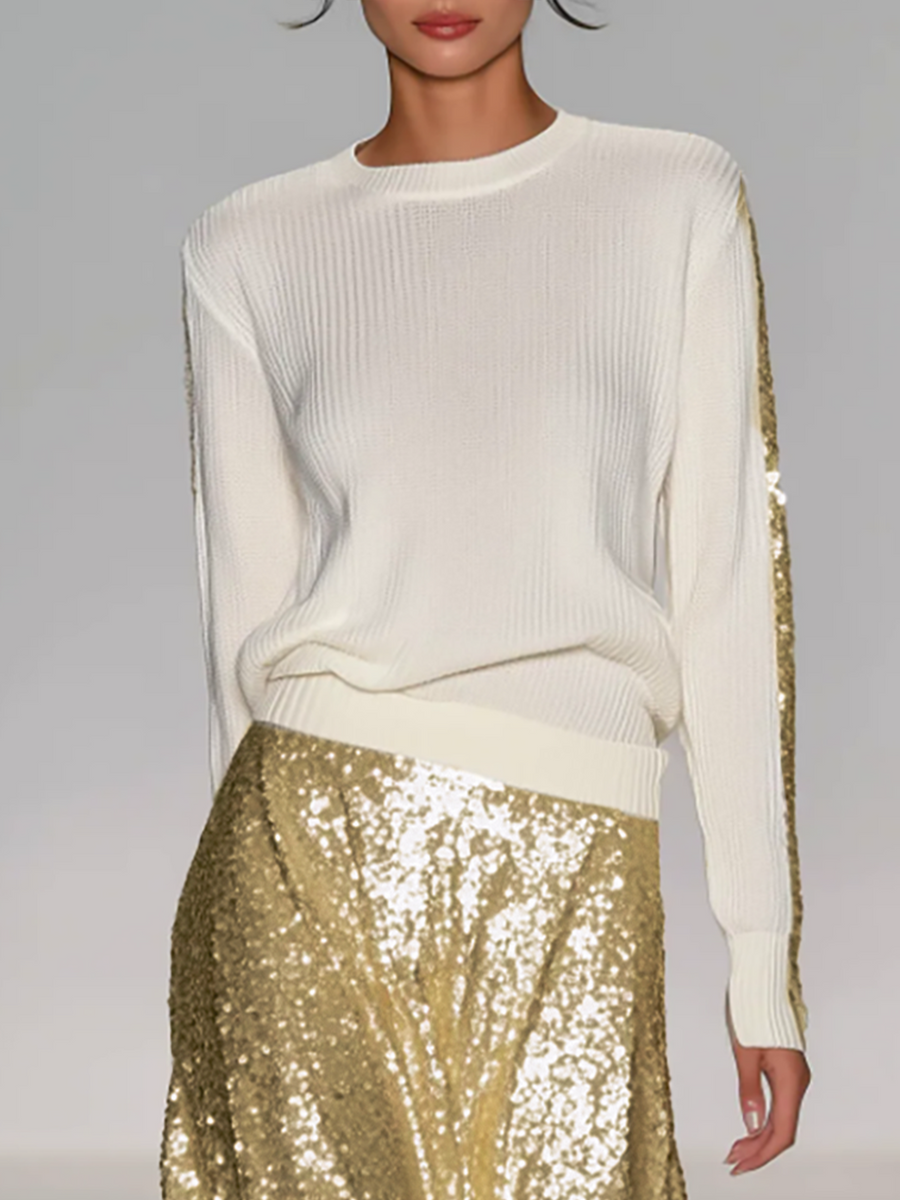 Women's Fashionable Casual Round Neck Knitted Top With Sequined Long Skirt Suit