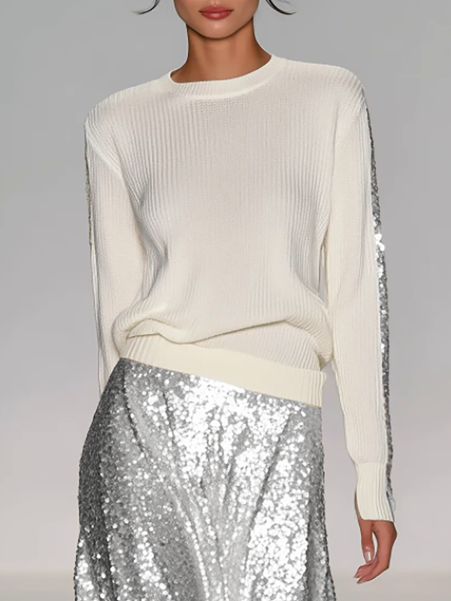 Women's Fashionable Casual Round Neck Knitted Top With Sequined Long Skirt Suit