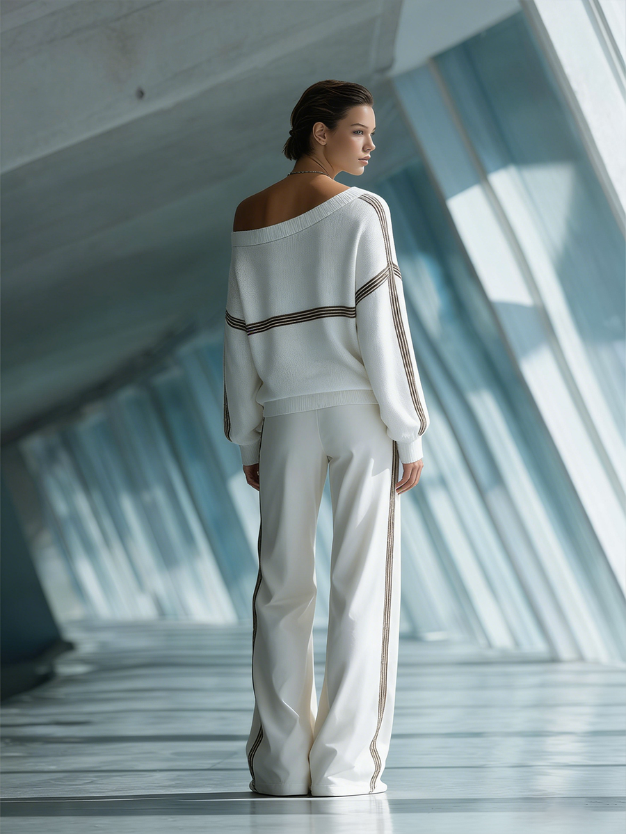 Women's Stylish Casual White Off-the-shoulder Top And Trousers Set