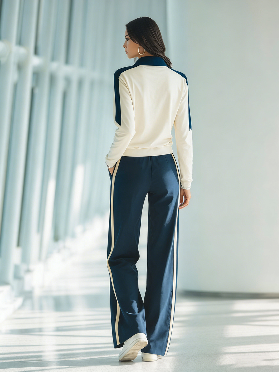 Women's Stylish Casual Outfit: White Collared Top And Dark Blue Trousers Set