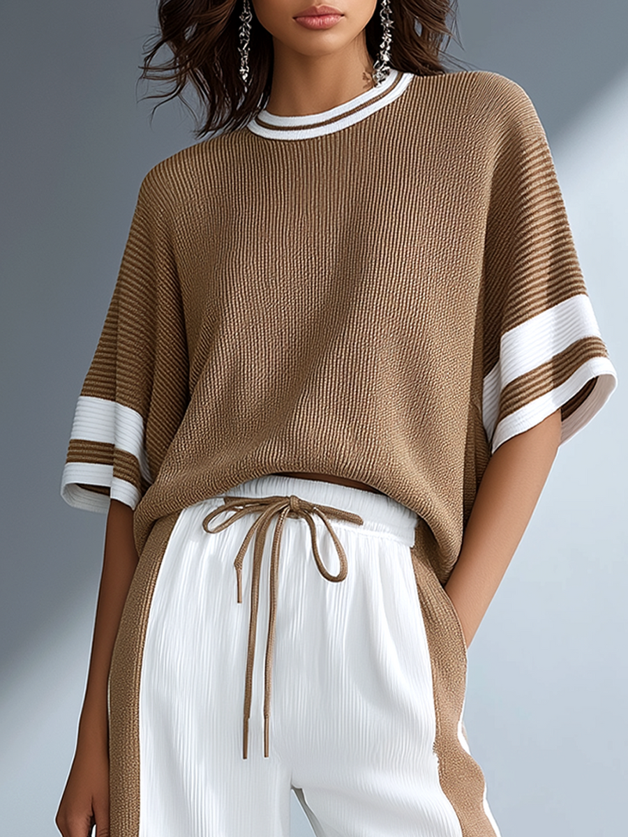 Women's Stylish Casual Brown Color-block Short-sleeved Knitted Top And Trousers Set