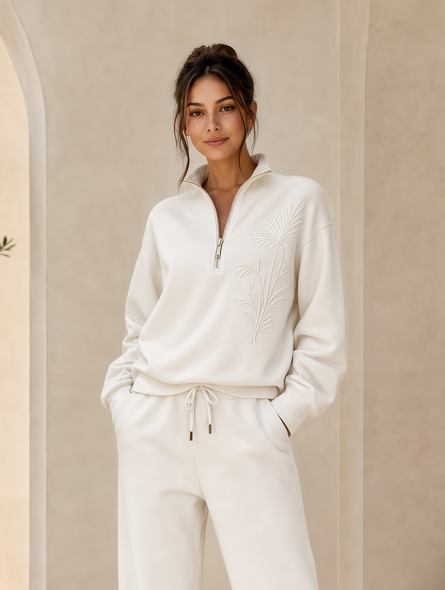 Off-white Embroidered Half-zip Casual Sweatshirt