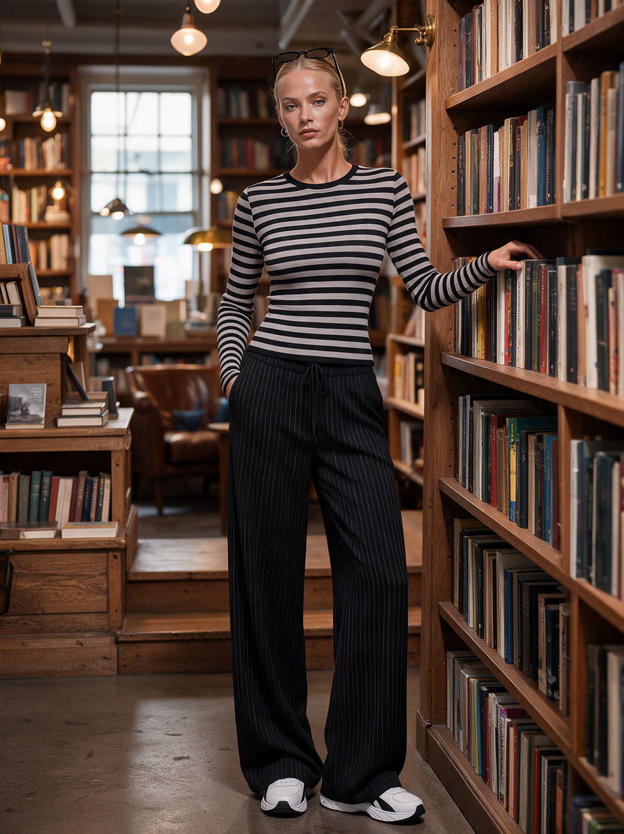 Striped Ribbed Knit Top & Black Pinstripe Wide-Leg Pants Set