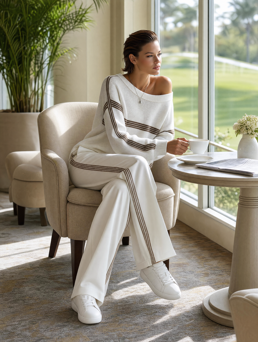 Women's Stylish Casual White Off-the-shoulder Top And Trousers Set