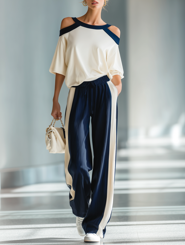 Women's Retro Relaxed-fit Color-block Off-the-shoulder Top And Ribbed Wide-leg Pants Set