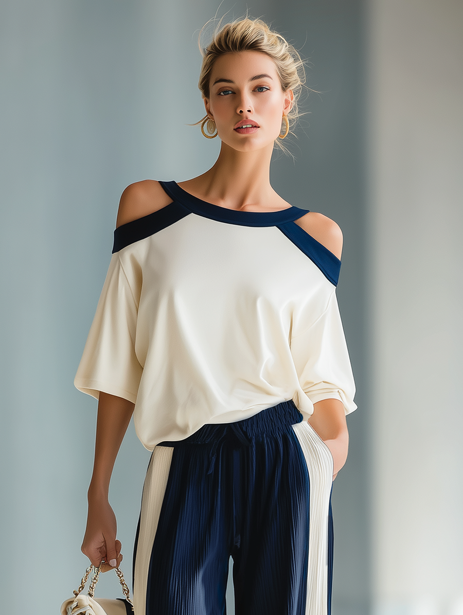 Women's Retro Relaxed-fit Color-block Off-the-shoulder Top And Ribbed Wide-leg Pants Set
