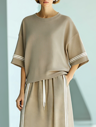 Women's Stylish And Versatile Light Khaki Color-block Casual T-shirt